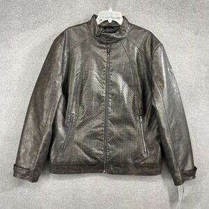 Guess Motorcycle Jacket Mens XL Dark Brown Faux Leather‎ Brad Braid Biker